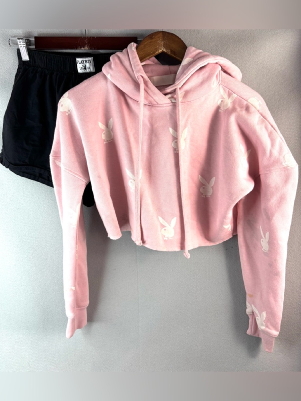 PLAYBOY S Pink Cropped Hoodie with White Bunny Print and Boxer Shorts